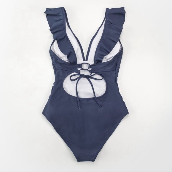 New Cupshe Ruffled Lace Up Plunge One Piece
Swimsuit Dark Blue Maillot L Beach - Picture 2 of 6